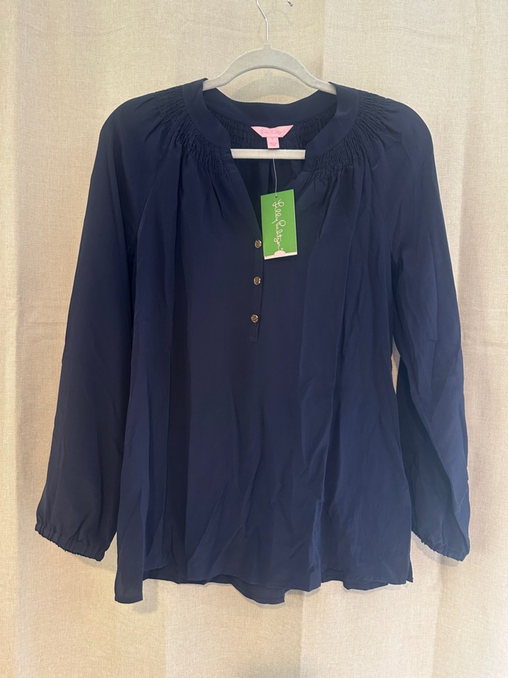 Lilly Pulitzer Navy Smocked Yoke Long-Sleeve Blouse